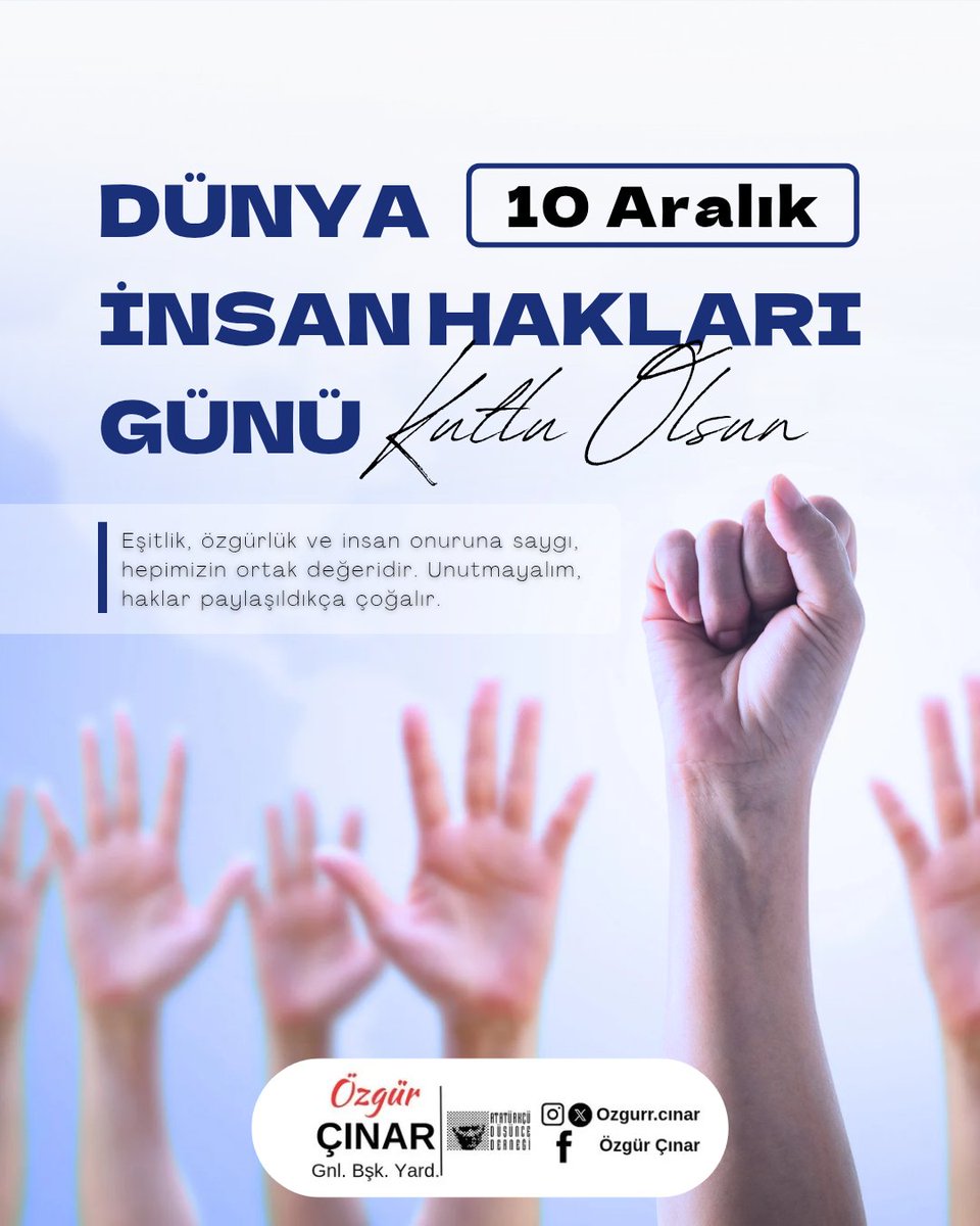 Bugün 10 Aralık Dünya İnsan Hakları Günü.

Cumhuriyetimizin kurucu değerleri olan eşitlik, özgürlük, adalet ve laiklik, insan haklarını yalnızca korumak değil, geliştirmek sorumluluğunu da bize yükler.

Eşitlik, özgürlük ve insan onuruna saygı, hepimizin ortak değeridir.