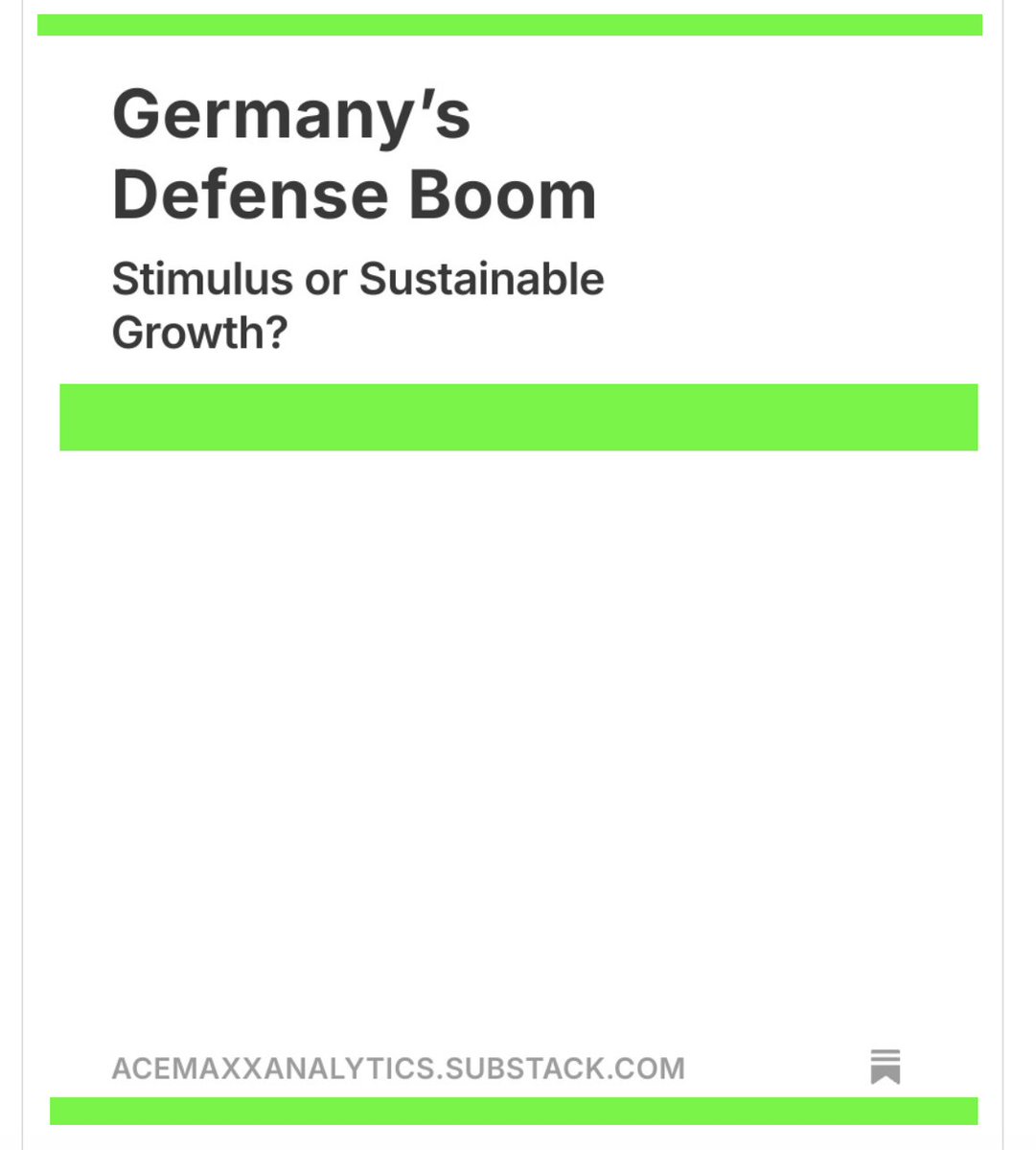 acemaxx's tweet image. #Germany’s Defense Boom

#Stimulus or #Sustainable Growth?

#Military production is demand stimulus, not capital formation. 

It helps now — but does not raise future productive capacity.

acemaxxanalytics.substack.com/p/germanys-def…