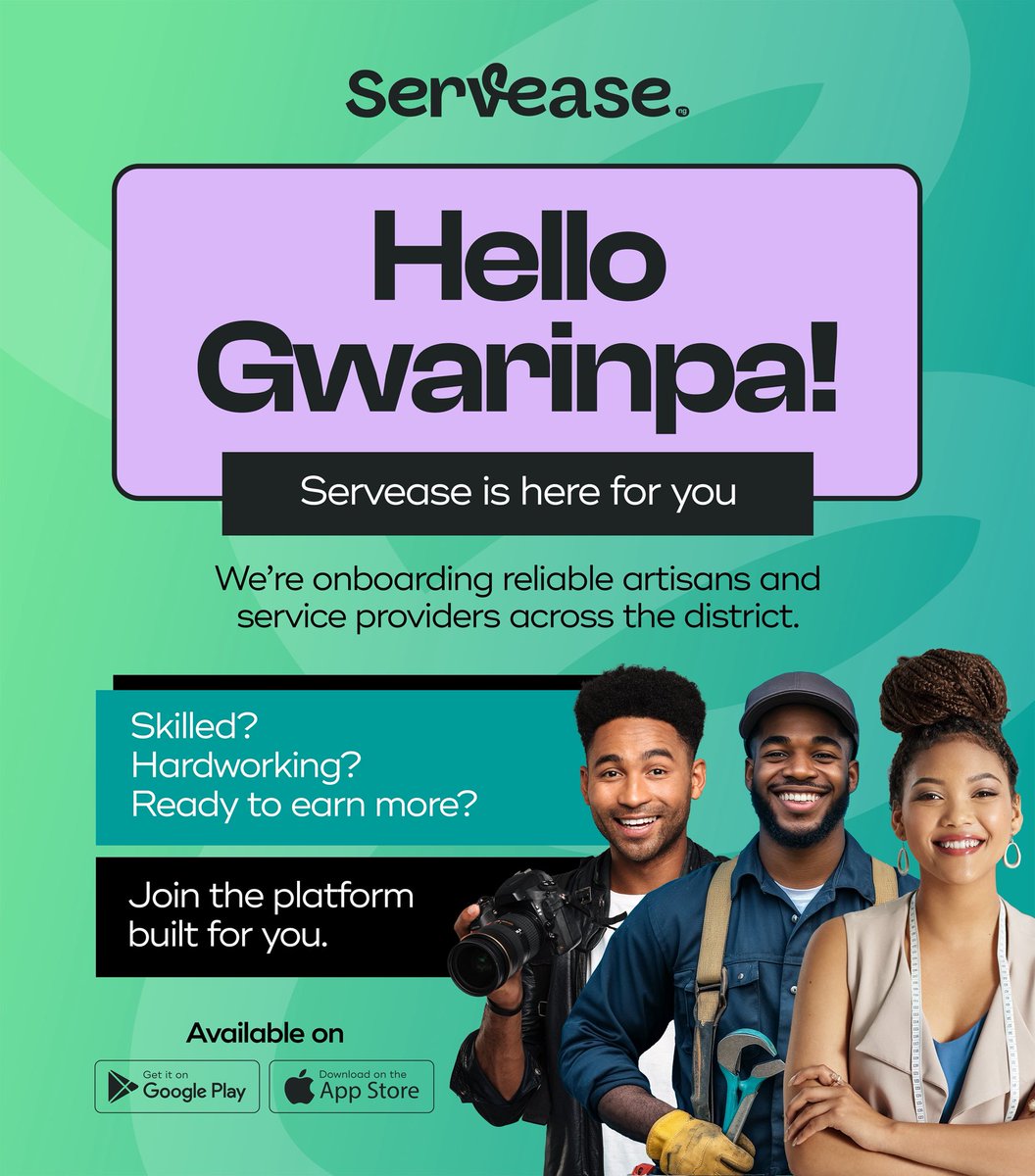 serveaseng's tweet photo. Gwarinpa, we’re live! 🚀
Servease is now onboarding skilled artisans and service providers across the district. Join the platform built to help you earn more and work smarter.

#Servease
#Gwarinpa
#GwarinpaLife
#GwarinpaCommunity
#AbujaArtisans
#AbujaServices
#AbujaBusiness https://t.co/hkHvlTG0XY