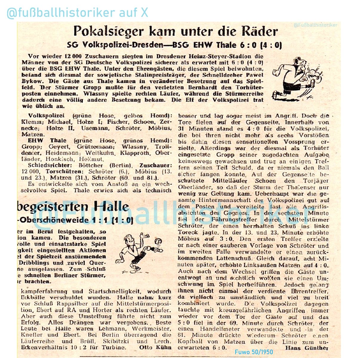 FussballDdr's tweet photo. 📌 10.12.1950
@DynamoDresden feiert ein 6:0 gegen Aufsteiger BSG EHW #Thale! „Moppel“ Schröter trifft dreimal vor 12.000 Fans. Für die Hüttenwerker aus Thale bleibt es die höchste Oberliga-Niederlage ihrer Geschichte. #sgd1953 #DDRFußballkalender #Oberliga https://t.co/7oWG0dJBJA