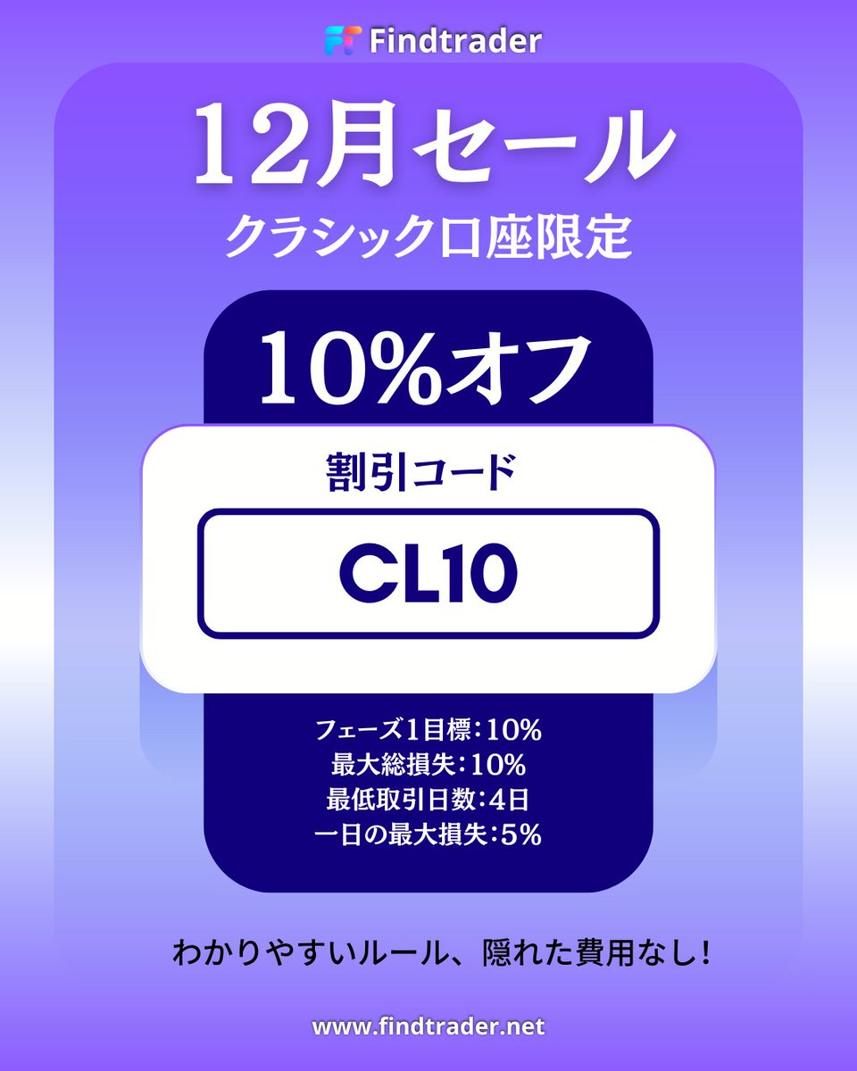 FindtraderJP's tweet photo. 【Findtrader 12月キャンペーン｜クラシック口座が10%OFF】
🔥 限定プロモコード: 𝐂𝐋𝟏𝟎
クラシック口座と全ての追加機能が10%割引！
✅ 条件は明瞭、隠れた条項なし
📅 有効期限：12月31日まで
👉 少ない資金で年末の取引を始めよう！ https://t.co/PbEBOsioWf