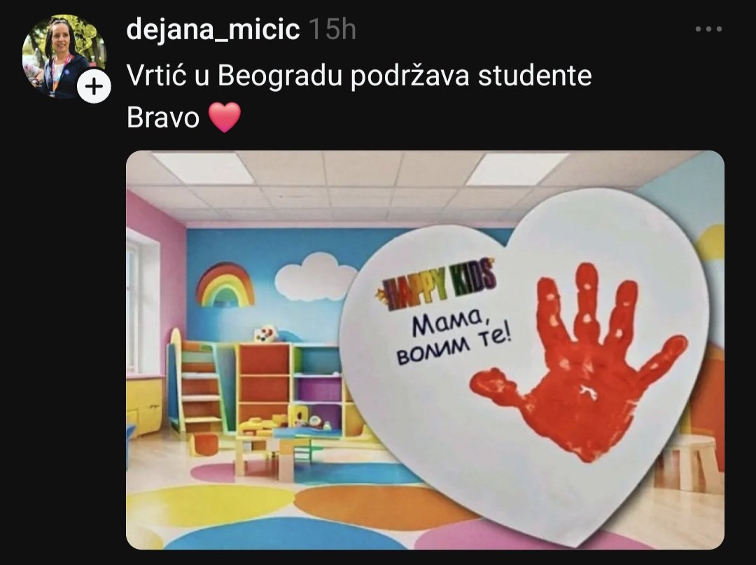 IgnjatovicTajna's tweet photo. ‼️Vrtić koji „podržava studente“?‼️
Deca treba da uče boje, brojeve i pesmice, a ne da budu paravan za tuđe političke poruke.
Ovo više nije samo neukusno, nego duboko neodgovorno.
Ostavite vrtiće, škole i decu van svojih političkih obračuna.
#studenti #vrtic #fyp https://t.co/6B4h3sQ8nd