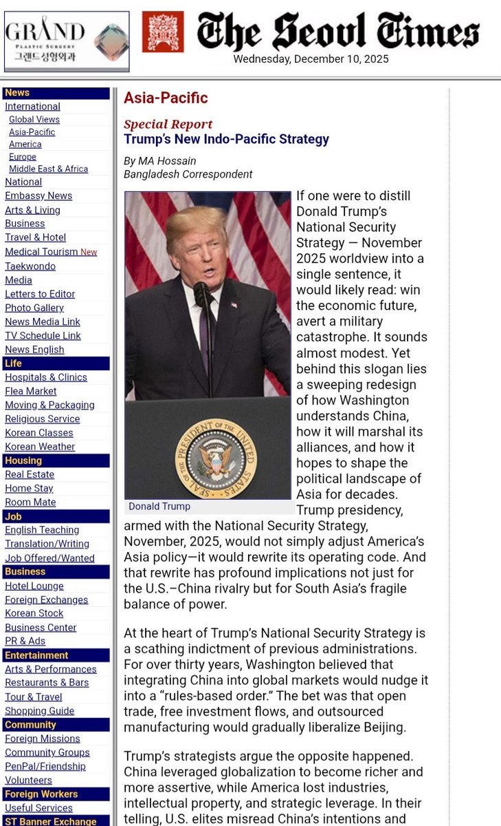 📰 Newspaper: The Seoul Times
🗓️ Date: 10 December, 2025

✒️ Title: Trump's New Indo-Pacific Strategy via <a href="/theseoultimes/">The Seoul Times</a>

🔗 Link 👉 theseoultimes.com/ST/?url=/ST/db…

#trump # Indo-Pacific #geopolitics #usa #nationalsecuritystrategy #asia #chinauswar #southasia
