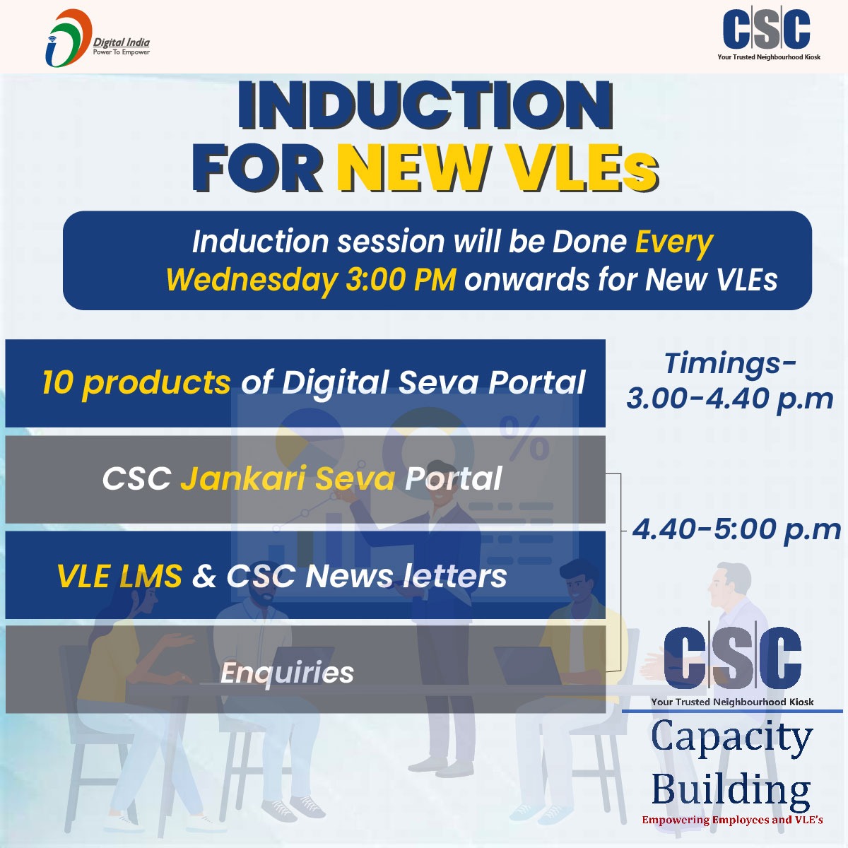 INDUCTION FOR NEW VLEs!!

It will be conducted on December 10, 2025 (Today) from 3 PM onwards...

To join the meeting, scan the QR code or visit: csc-academy.webex.com/csc-academy/j.… 

#CSC #DigitalIndia #CSCVLETraining #CSCTraining #DigitalInclusion #RuralEmpowerment #NPS #Pension
