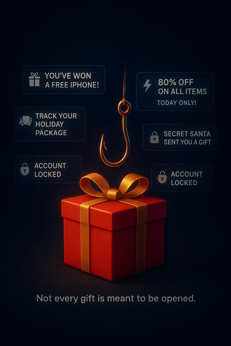 VictorAkinode's tweet photo. 5 Festive-Season Phishing Traps You’ll See All Over Social Media This Month
This is the season when attackers are on high alert, utilizing the festivities to prey on unsuspecting individuals.

1. You’ve won our Christmas Giveaway

The page has 12 followers, the logo is pixelated, and somehow you won without entering anything.
Then they’ll ask you to confirm your identity with your credit card.

2. 90% OFF Holiday Clearance (TODAY ONLY!)

A brand you’ve never heard of suddenly sells iPhones for $49.
Spoiler: they’re not shipping anything except malware to your inbox.

3. Santa is tracking your package click to view delivery status

Fake courier links spike every December.
One tap equals credential harvesting or malware disguised as tracking info.

4. Family Christmas Album 2024 download to view

If the file is a ZIP, EXE, or oddly large PDF

Congratulations, that’s probably a RAT (Remote Access Trojan), not Uncle Mike.

5. Holiday Jobs Hiring FAST, $700/day from home!

These posts target students and job seekers.
They’ll request your ID, SSN/passport, or banking details to “process hiring.”

✨ Survival Rule:

If it creates urgency, triggers emotion, or sounds too good to be true…
it’s probably phishing wearing a Santa hat.

Stay safe online.
share to spread awareness.