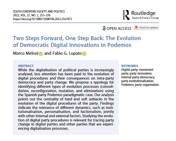 🔍 To analyse the evolution of digital party procedures in #Podemos, Meloni &amp; Lupato suggest a compelling typology:
✨ Consolidation
🔧 Reconfiguration 
🔄 Mutation 
🗑️ Elimination 

Read the article #OpenAccess 👇
tandfonline.com/doi/full/10.10…