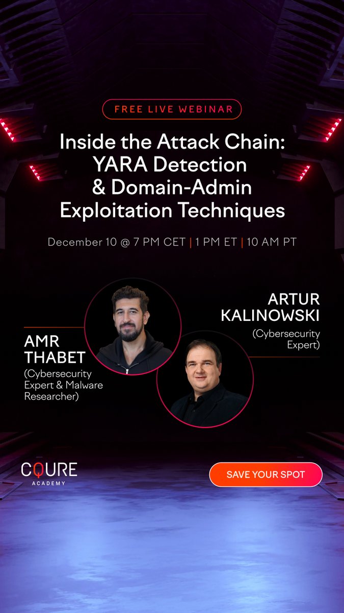 CQUREAcademy's tweet photo. 🚨FINAL CALL: our free webinar starts TODAY at 7 PM CET / 1 PM ET / 10 AM PT!

"Inside the Attack Chain: YARA Detection &amp; Domain-Admin Exploitation" with @Amr_Thabet &amp; Artur Kalinowski

Register now (last hours!) 👉 https://t.co/Z1WxAOxaJg

#Cybersecurity #ThreatHunting #SOC https://t.co/7W0YmjEJm5