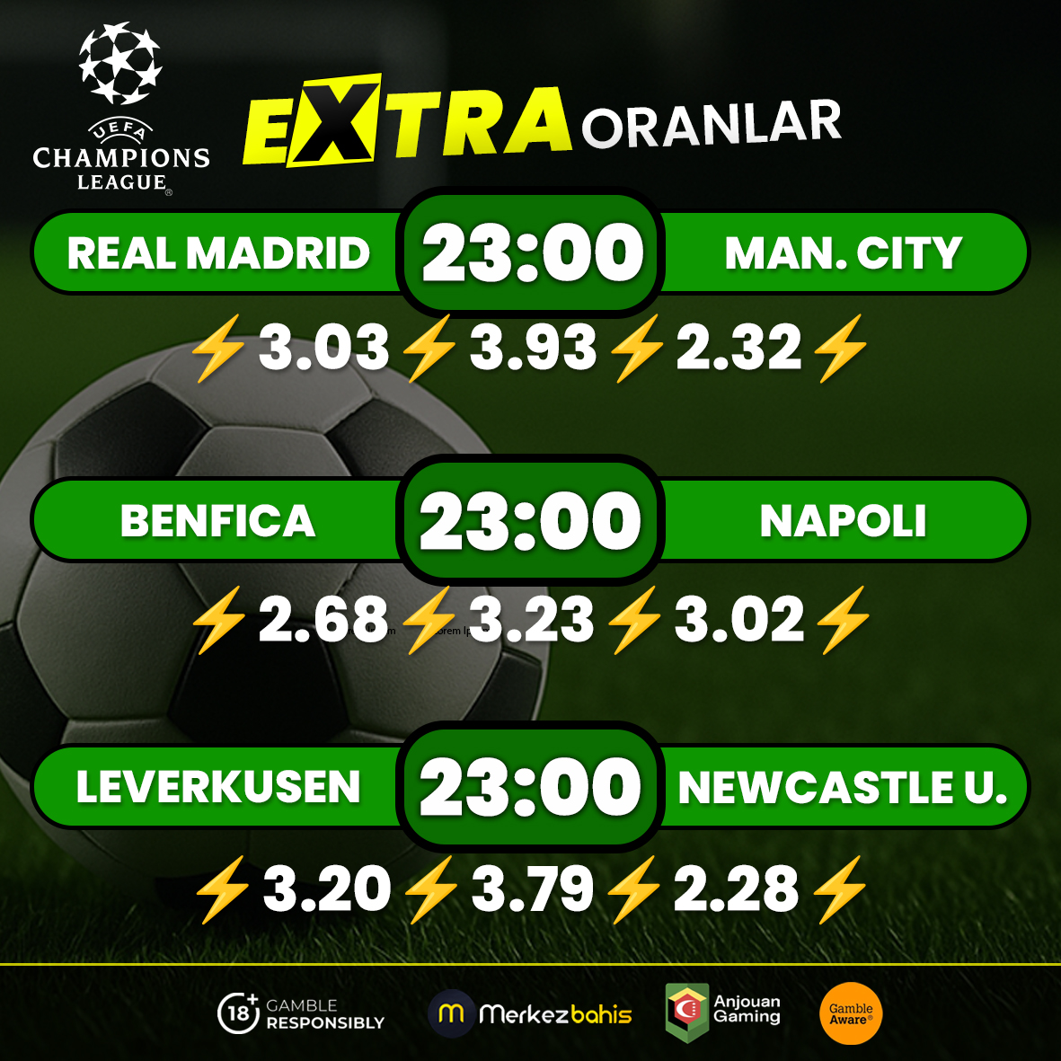 ⚽️GÜNÜN MAÇLARI⚽️
↗️EXTRA Oranlar MERKEZBAHİS’te!

500₺ Havale Yatırım

🎥 Tüm Maçlar Canlı Yayında
🔴 CANLI TV bit.ly/tvmerkez
⚽️ GİRİŞ bit.ly/merkezsosyal

Şampyionlar Ligi İddaa Misli Nesine Bahis Kupon Spor Futbol Gündem Real Madrid Arda Bonus Deneme Bonusu Slot