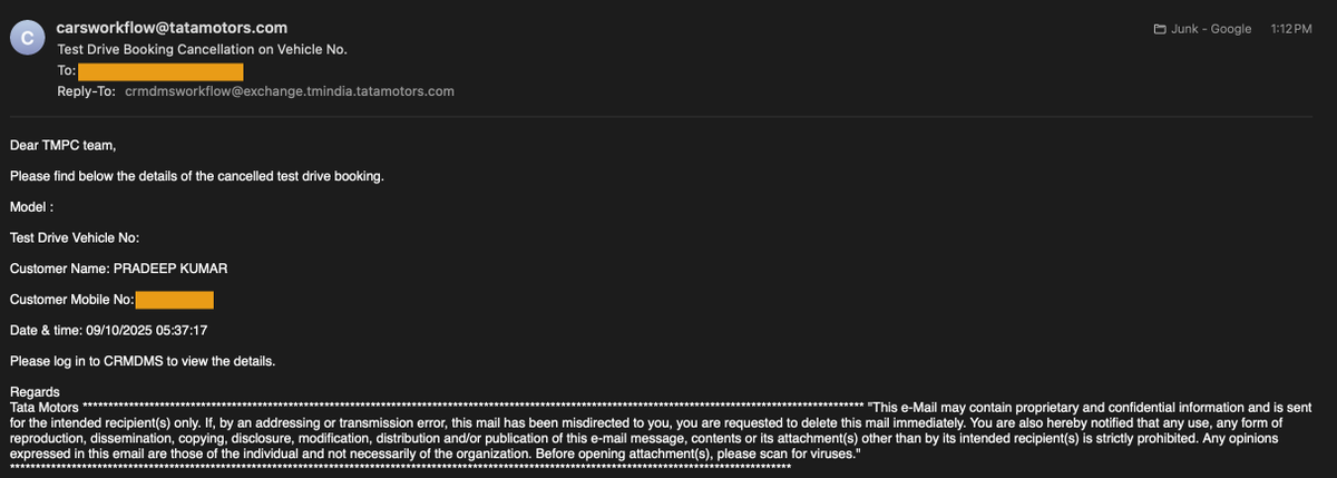 digvj94's tweet photo. @TataMotors @TataMotors_Cars @TataCompanies Your CRM is spamming my inbox with private customer data from your showrooms/Dealers. I tried e-mailing you about it, I reached out to the local dealer as well to sort it out. But Nothing has changed. This is a serious privacy breach. https://t.co/EzdD640qr2