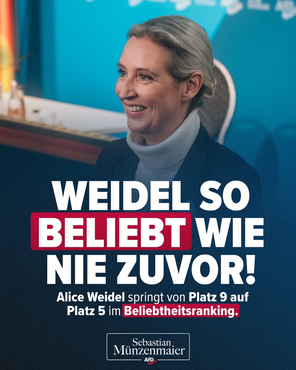 S_Muenzenmaier's tweet image. Verdient! Alice Weidel steigt um vier Plätze im Insa-Politikerranking. 

Nächster Halt: Platz 1! 🏆

TM