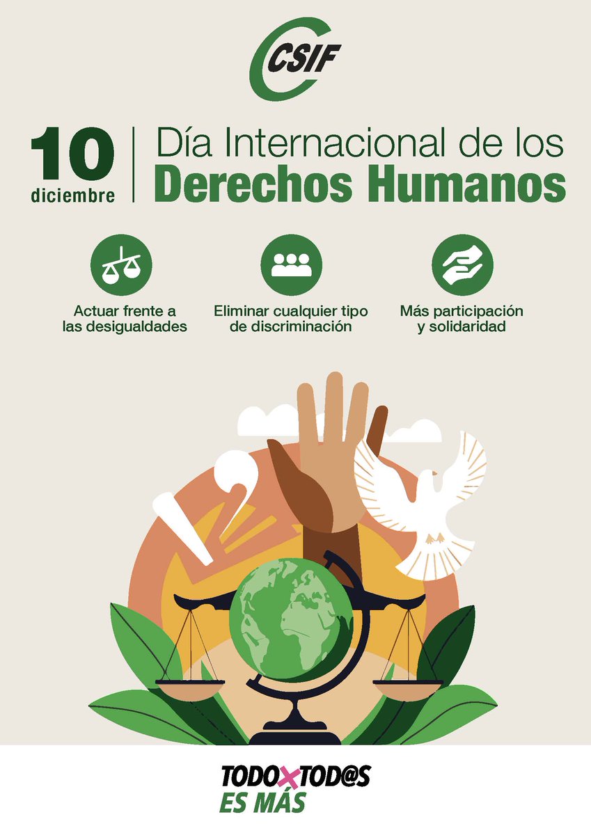 IgualdadCSIF's tweet image. 10 de diciembre. Día Internacional de los Derechos Humanos. Desde #CSIF , recordamos la importancia de actuar frente a las desigualdades, eliminar cualquier forma de discriminación y promover sociedades más justas, participativas y solidarias.
csif.es/es/noticia/por…