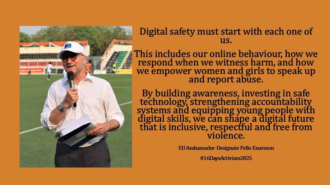 EUinSouthSudan's tweet image. Passionate about issues of gender parity, Ambassador-Designate #PelleEnarsson attended the recent GBV football match at Juba National Stadium, where he called for a collective effort to address gender based violence including digital ones. #16DaysOfActivism2025