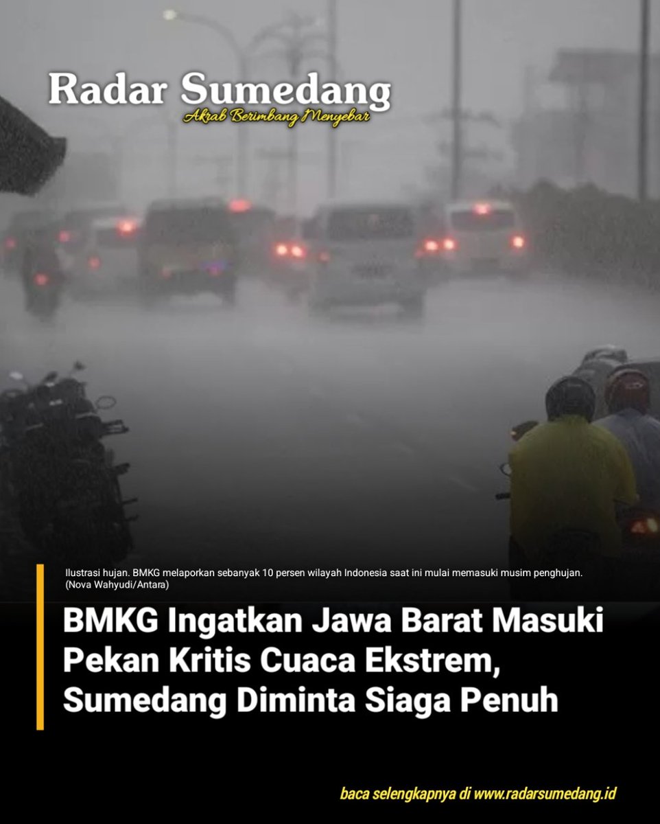 radarsumedangg's tweet photo. https://t.co/jvzfDqMzeE – Badan Meteorologi Klimatologi dan Geofisika (BMKG) Jawa Barat mengingatkan seluruh kabupaten/kota termasuk Kabupaten Sumedang untuk meningkatkan kewaspadaan menghadapi cuaca ekstrem selama sepekan ke depan. Kondisi atmosfer menunjukkan adanya kombinasi https://t.co/ZFMKRpS165
