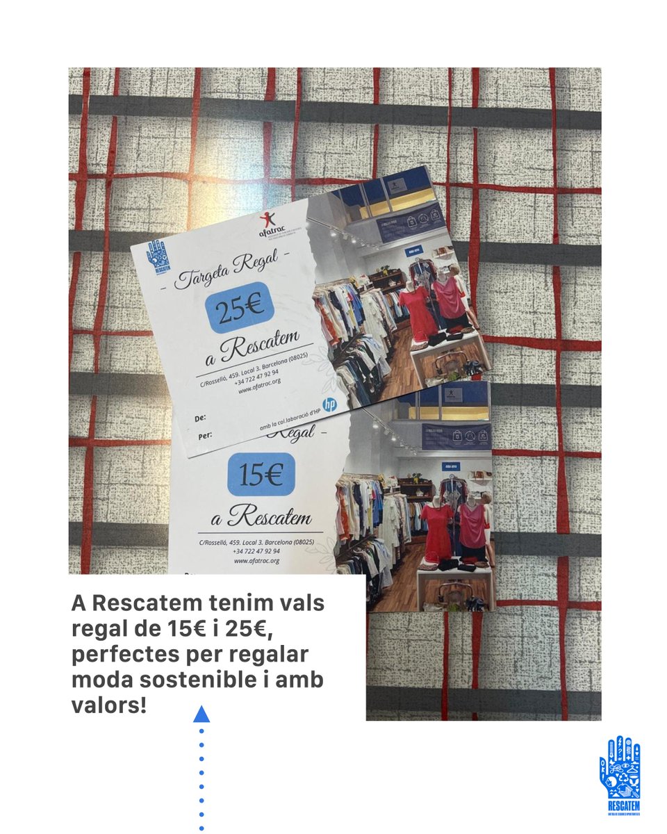 🎁 Coneixes els vals regal de Rescatem?

🛍️ Tria entre 15€ i 25€ i regala moda sostenible i amb valors.

💙 Amb cada val, dones suport a la inserció laboral de joves amb trastorns de conducta.

📍 Vine a la botiga (C/Rosselló, 459, BCN) i emporta-te’l al moment!