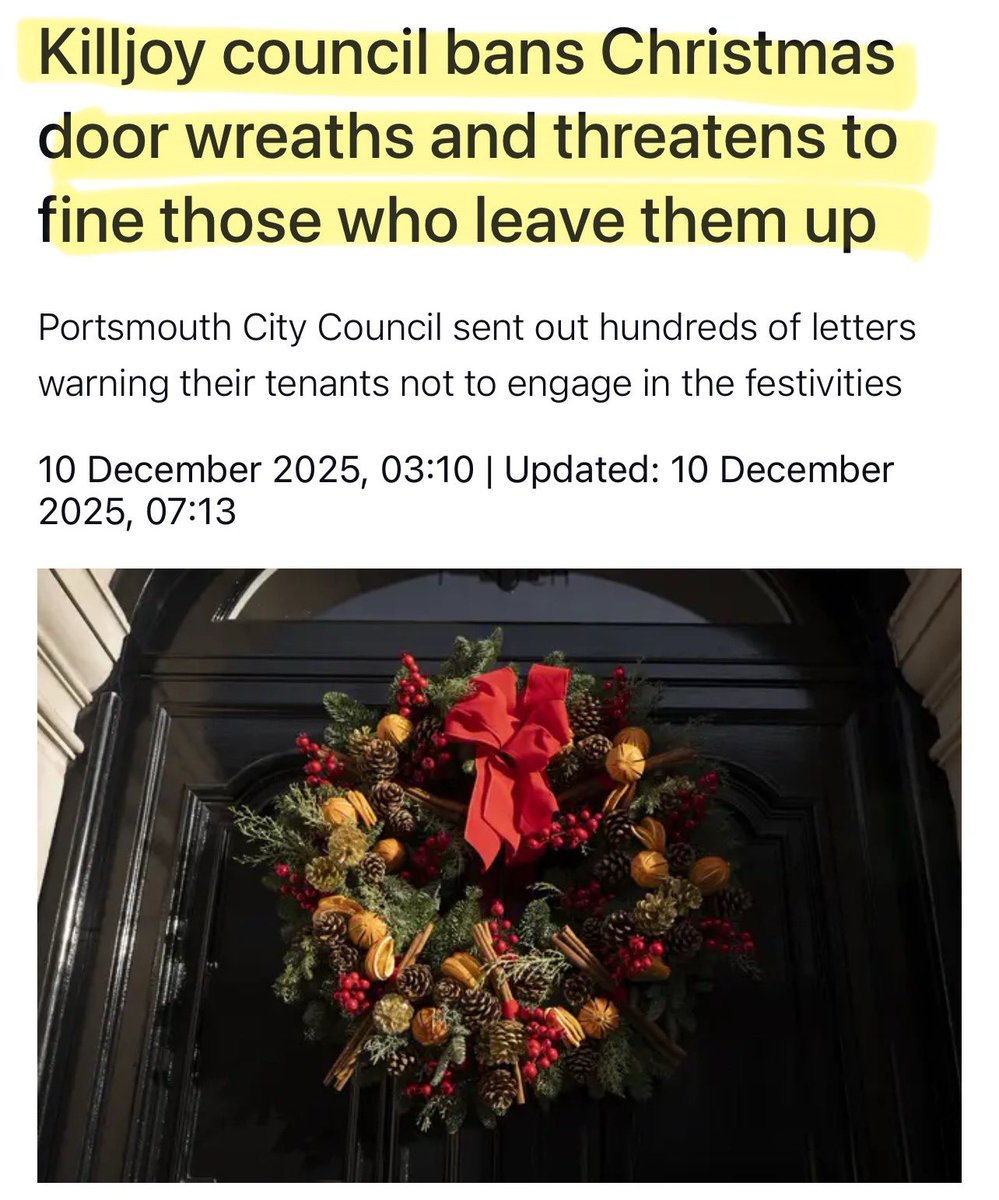 Moronic State overreach BANS Christmas wreaths from tenent’s doors. And threatens to fine those people who ignore the ban.

Well done Portsmouth Council, it’s excellent decisions like these, that will see you voted out of office.

If we’re allowed elections obvs 🤡