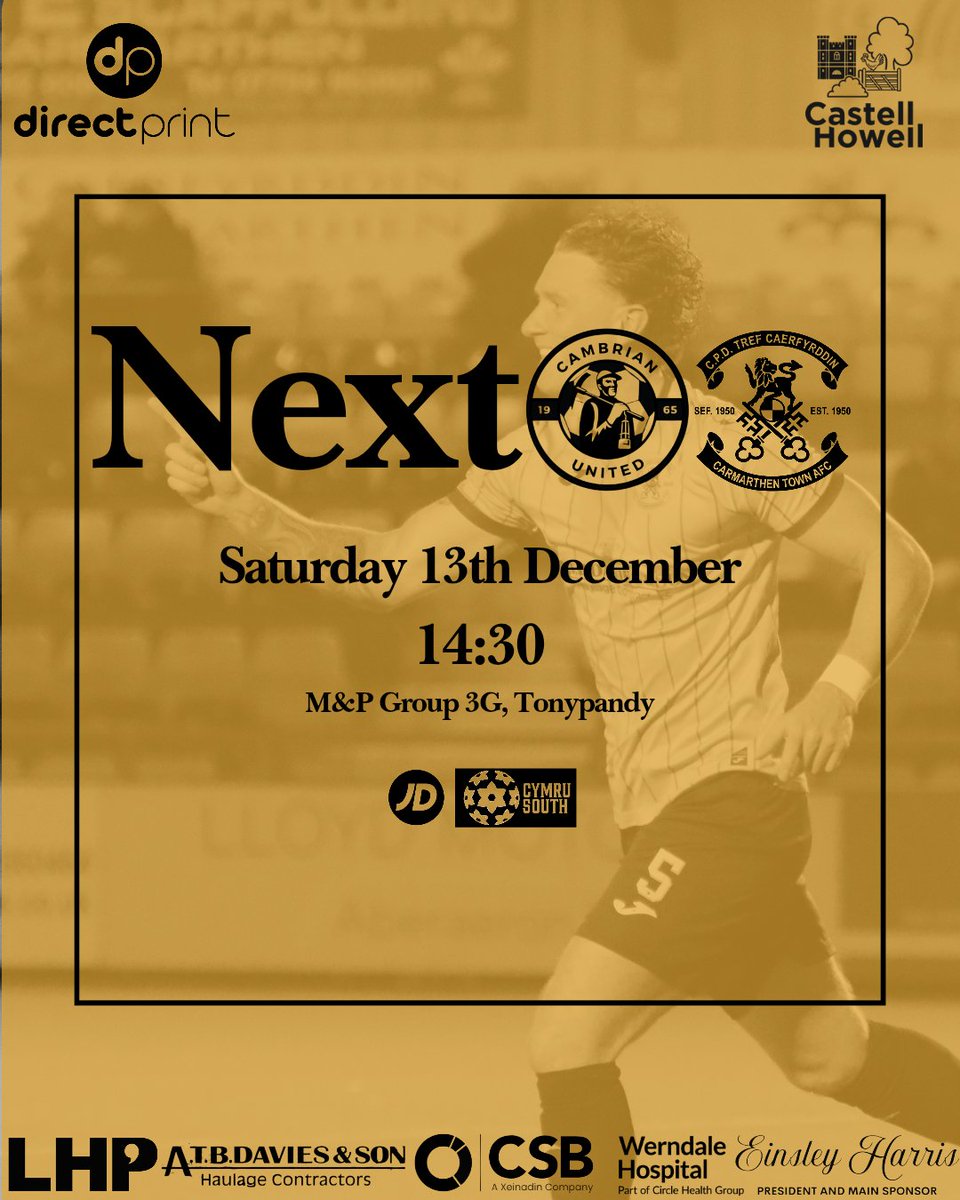 CarmarthenAFC's tweet image. Next Game | Gêm Nesaf 

This Saturday we travel to play league leaders Cambrian United. Kick off is 2.30pm 

Rydym yn chwarae yn erbyn arweinwyr y gynghrair, Cambrian United, ddydd Sadwrn. Cic gyntaf yw 2.30pm.