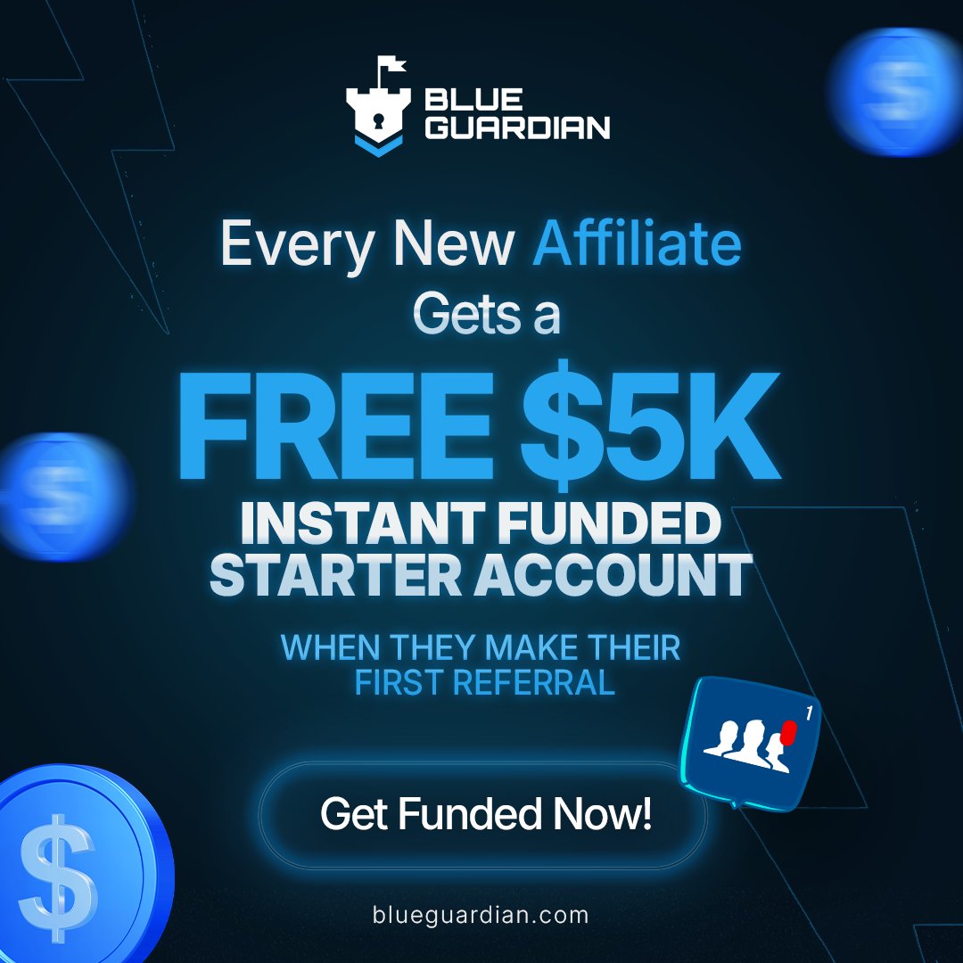 BlueGuardiancom's tweet image. We give affiliates a FREE $5K Instant Funded Starter Accounts

Become an affiliate. Make at least 1 referral. Get your free account.

No catch, just grow with Blue Guardian. 💙