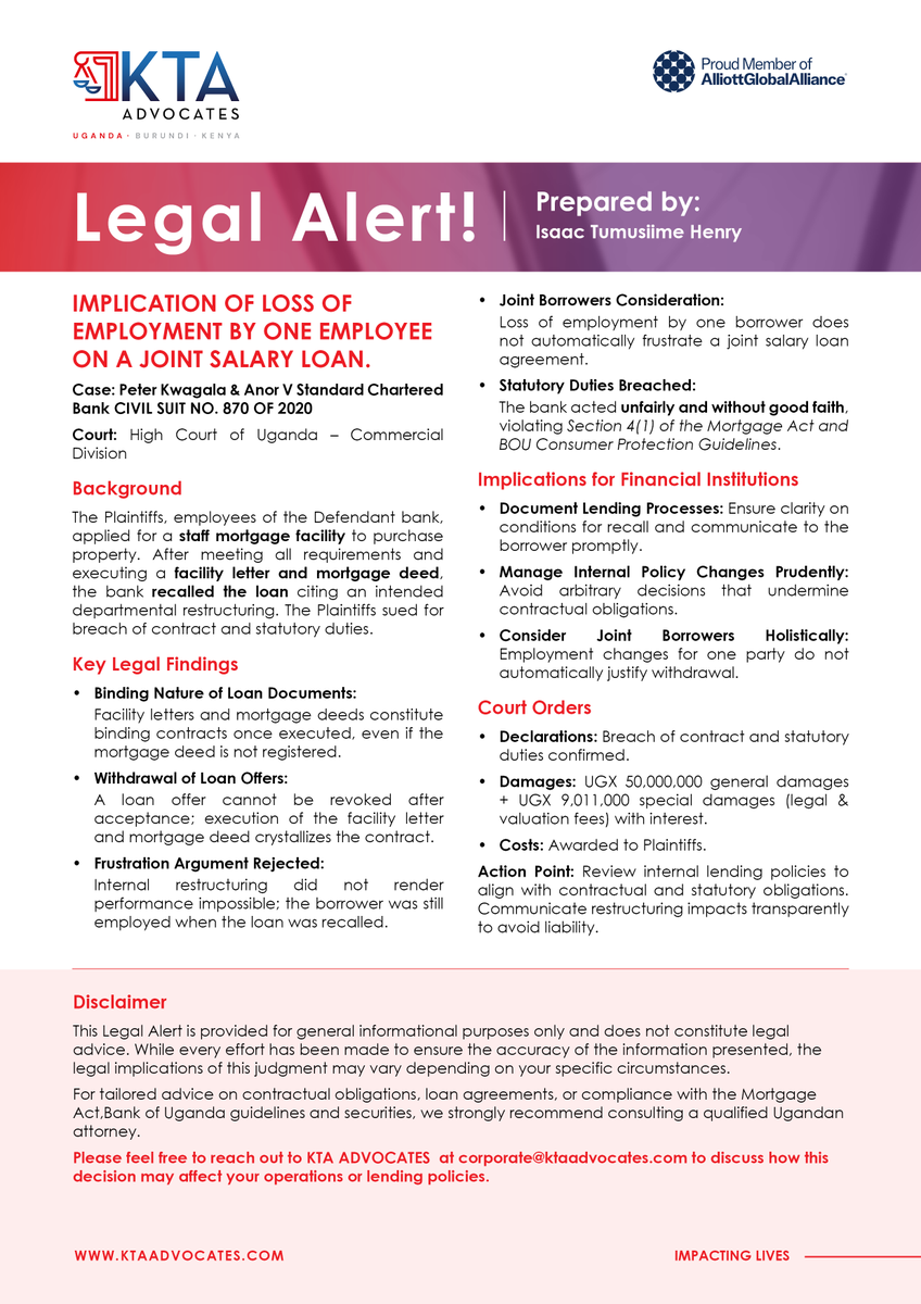 What you need to know about joint salary loans.
The High Court clarifies obligations in joint salary loans.
More details are in our alert below.
Prepared by: <a href="/Tumusiimeisaach/">Tumusiime Isaac Henry</a>