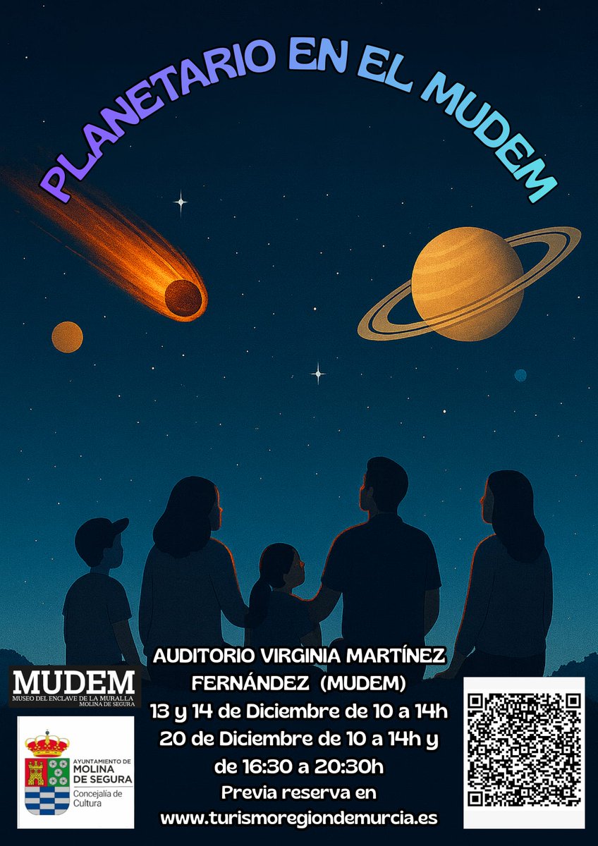 🌌✨ ¡Planetario en el MUDEM! ✨🌌
Vive una experiencia única en familia y además descubre los secretos del Meteorito de Molina de Segura.
🎟️ Actividad gratuita con reserva previa
Reserva tu plaza en 👉 turismoregiondemurcia.es
✨🌠