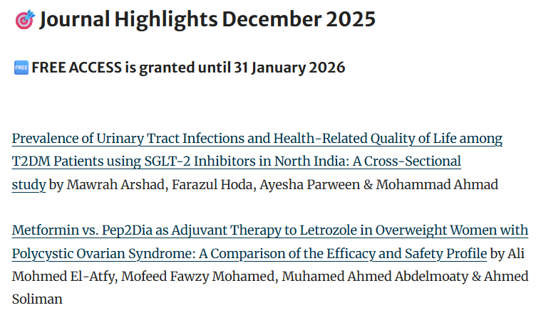 ClinMedJournals's tweet image. 📚✨Enjoy free access to our favorite articles until the end of January! Dive into cutting-edge medical science and read without barriers. Our mission is to support researchers worldwide and promote the #SDG3 🌍 Read more at link.springer.com/journal/42399/…
