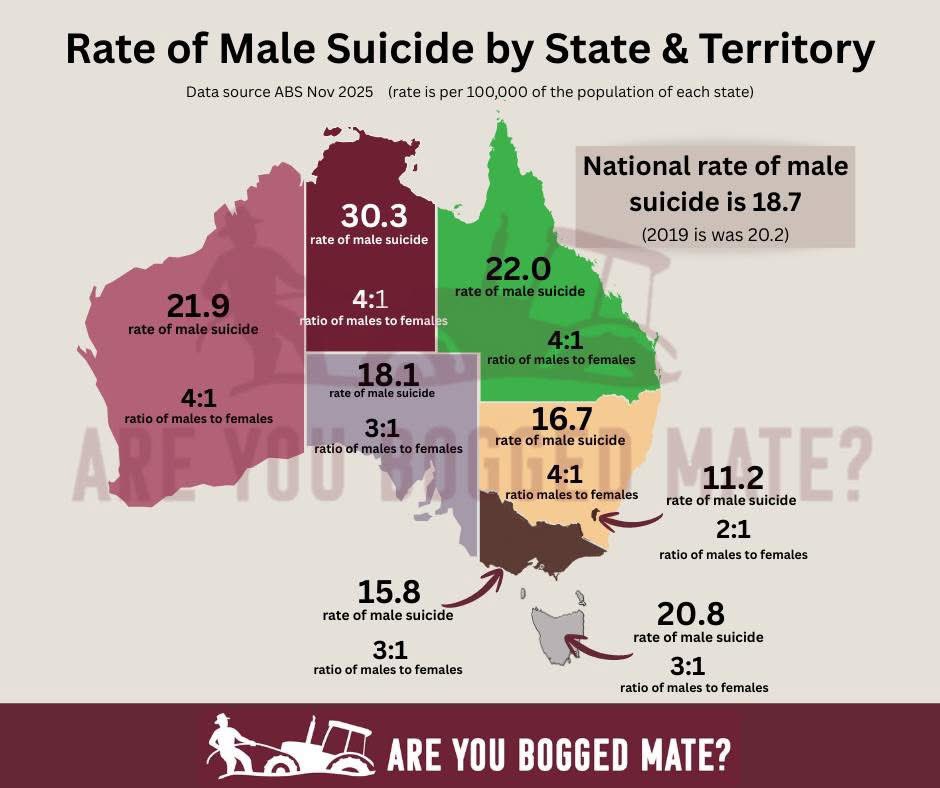 RUboggedmate's tweet image. This is how the states &amp;amp; territories stack up. 
Four are above the national rate of male suicide. 
Once again, the NT is the highest &amp;amp; QLD is 2nd. 💔
We still have a lot of miles to cover &amp;amp; we will not stop! 💪🏽🚜

#areyouboggedmate