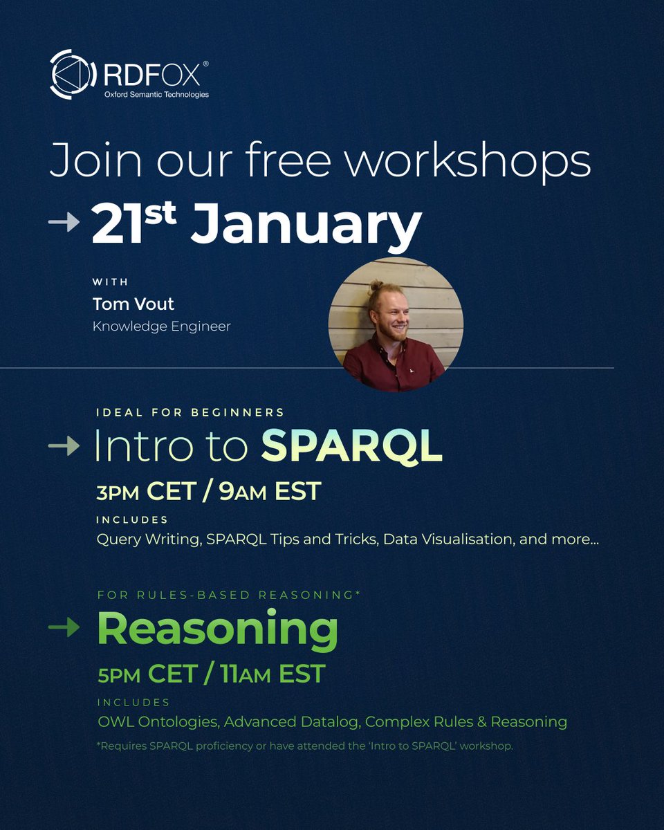 oxfordsemantic's tweet image. Join us on 21 Jan for the #RDFox Semantic Reasoning #workshop! 👇

We&apos;ll be covering everything to get you started with:
✅ #KnowledgeGraphs
✅ Writing #SPARQL queries
✅ #Ontologies
✅ Datalog rules
✅ Best practice tips &amp;amp; tricks

📌 Sign up for free
hubs.li/Q03KgLb00