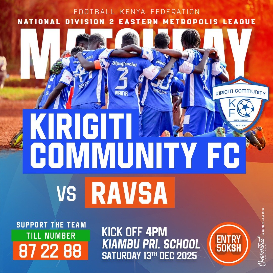 An electrifying home showdown! Roar with the boys to end the year on a high.

Support the boys till number 872288! Entry: 50 KSH.

#InGodWeTrust 
#WeAreKirigitiCommunity
Cogito Ergo Sum!  
#WePushOn #FootballKE