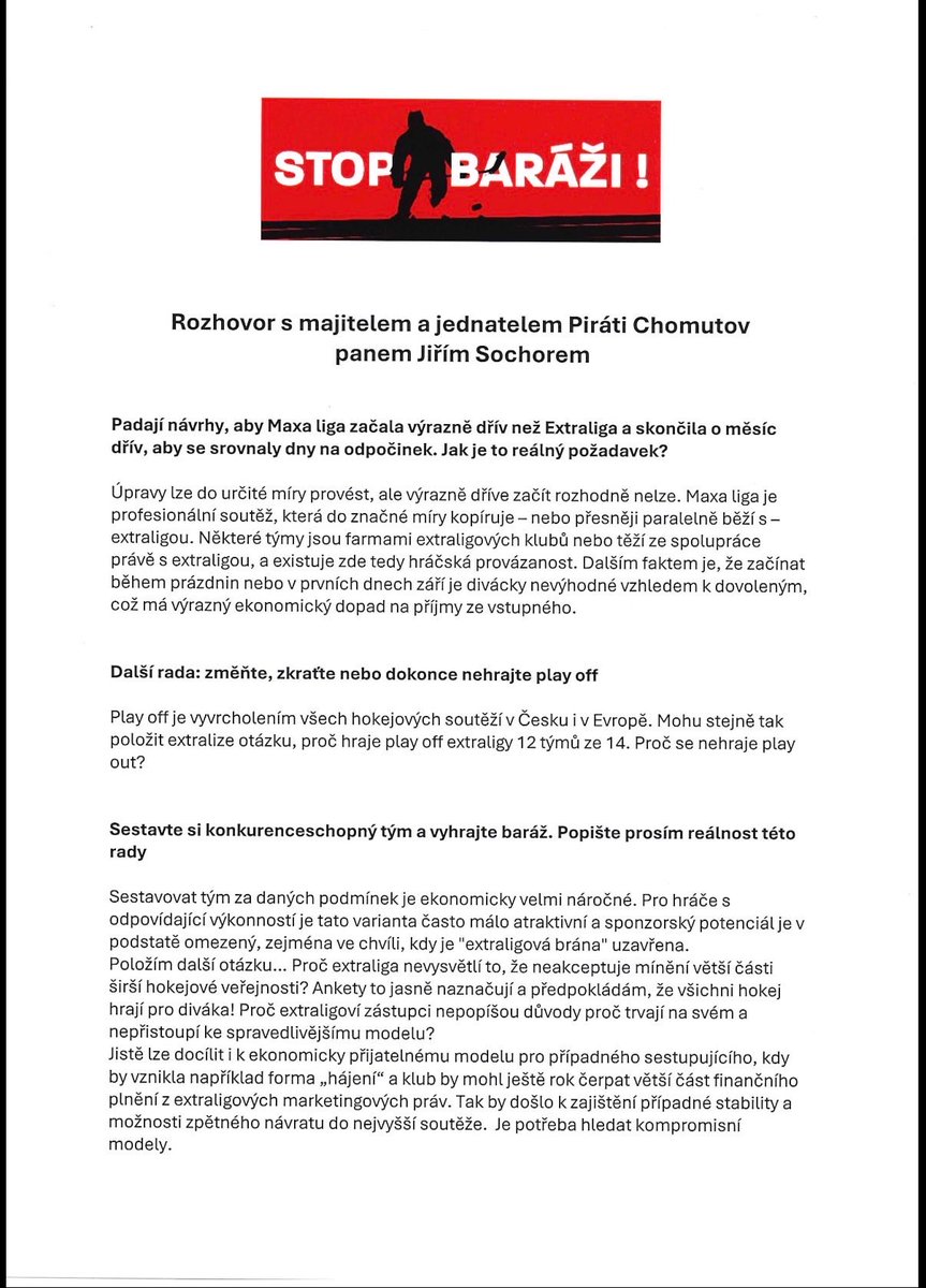 StopBarazi's tweet image. Velmi často čteme a slyšíme, že si má Maxa liga změnit kalendář, termínovou listinu, hrací systém a postavit konkurence schopný tým! K těmto “radám” se vyjádřil přímo pro nás majitel Pirátů z Chomutova pan Jiří Sochor, který ze své pozice umí posoudit relevanci těchto doporučení!