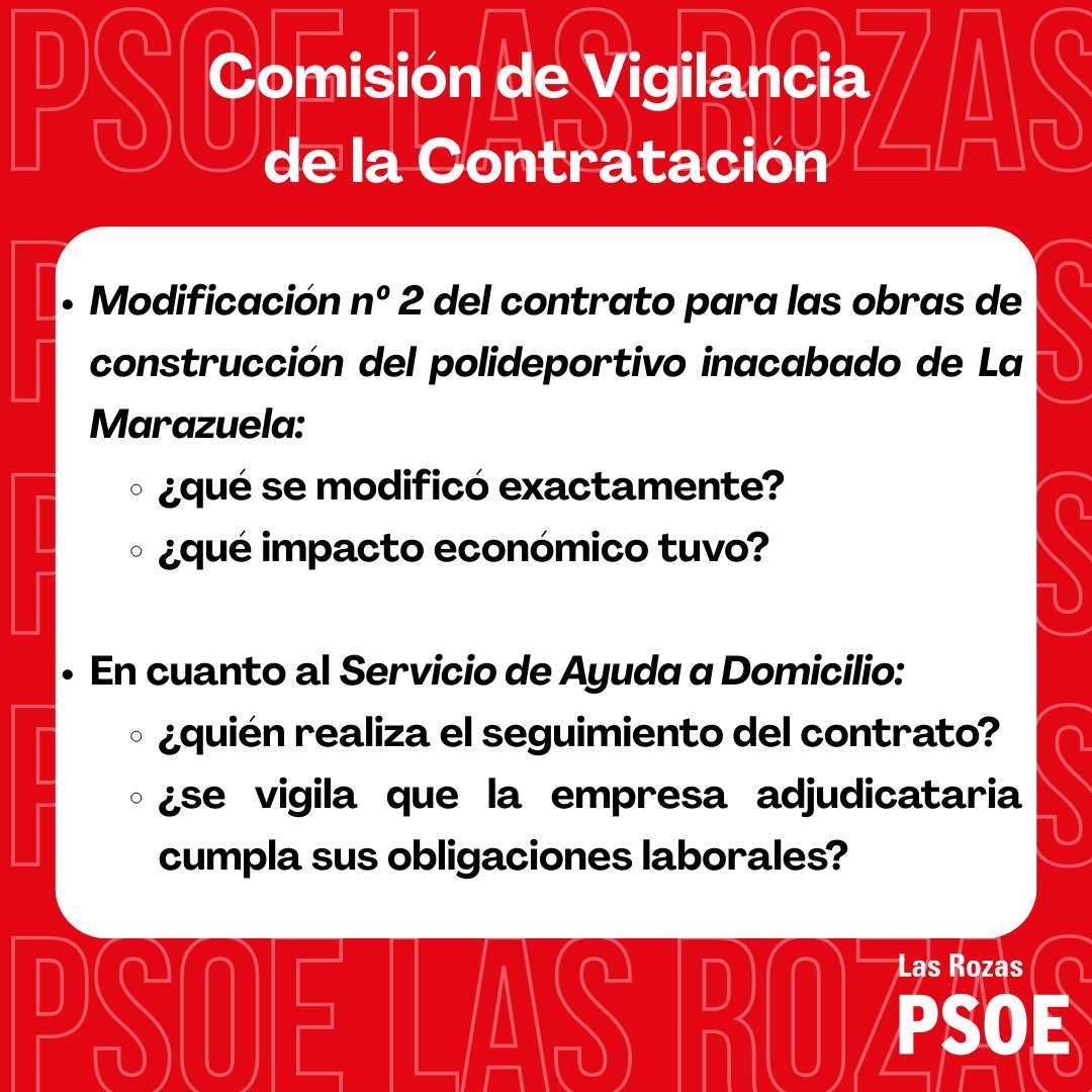PSOE_LasRozas's tweet image. ❗️Además, este mes tocaba Comisión de Vigilancia de la Contratación, que se celebra solo dos veces al año.
Hemos preguntado por dos contratos 👇