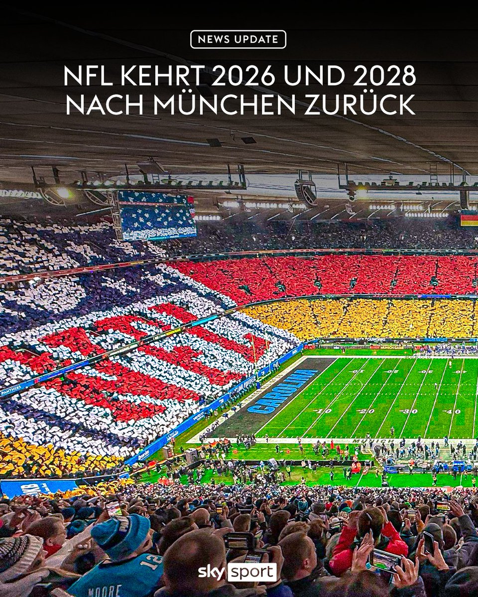 Nach einem Jahr Pause wird die NFL im nächsten Jahr wieder für ein Spiel nach München zurückkehren. 🏈 🇩🇪 

▶️ Wie Vertreter der besten American-Football-Liga der Welt, der Stadt München und der Allianz Arena bekanntgaben, ist neben 2026 auch für 2028 ein Match und damit das