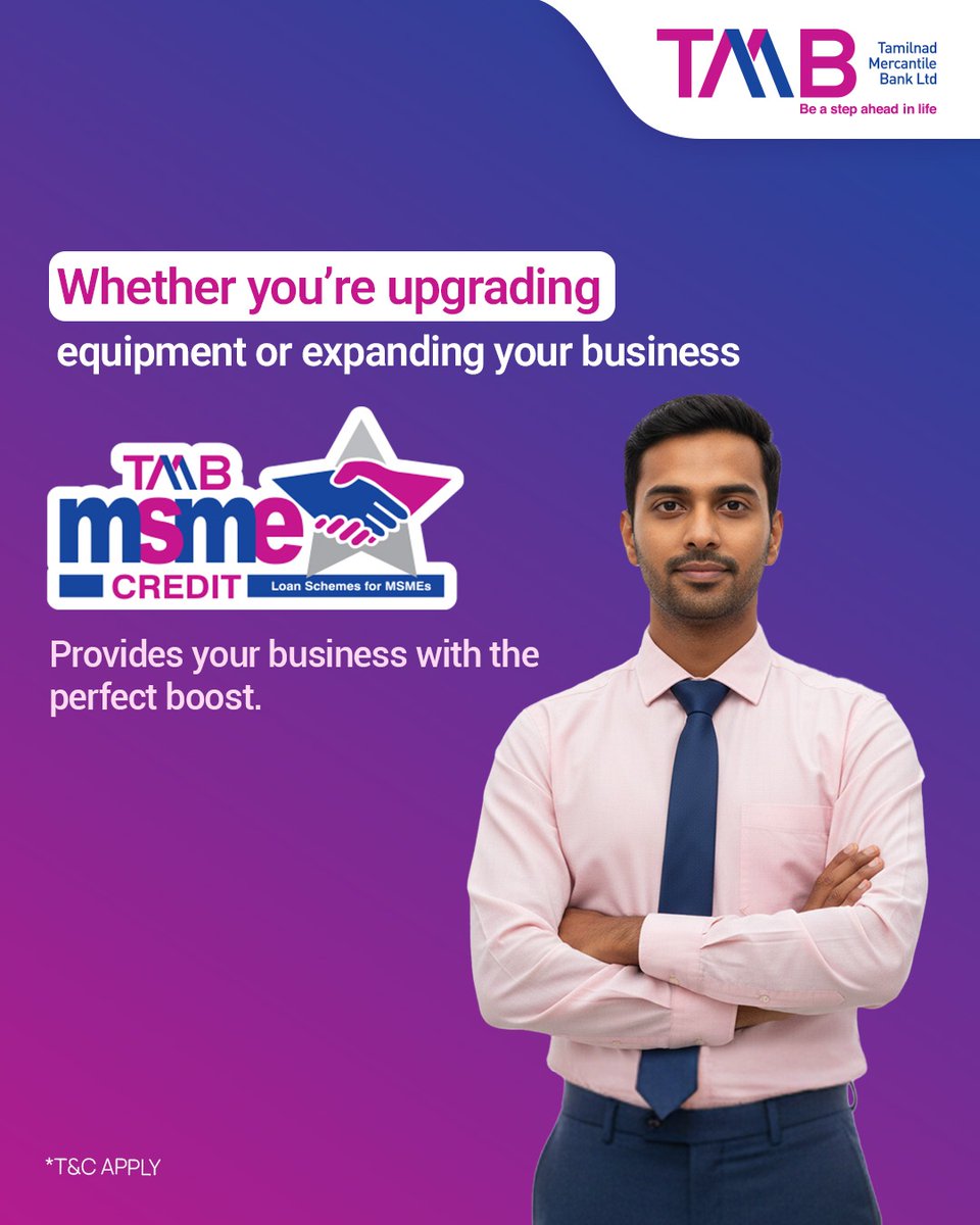 Big dreams don’t need to wait for “someday.”

Upgrade, expand, and serve more customers with the support of TMB MSME Credit. Your growth story deserves a bigger stage, and we’re here to make that happen. 

#TMB #TamilnadMercantileBank #TMBMSMECredit #MSMELoans #BusinessLoans