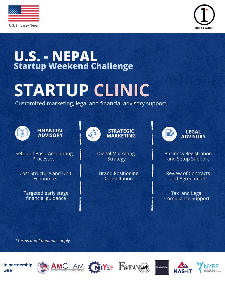 InvestinNepal's tweet photo. 🚀 Introducing the Startup Clinic for U.S.- Nepal Startup Weekend teams!
We’re leveling up the challenge with a brand-new Startup Clinic - your gateway to targeted expert advisory from our powerhouse partner organizations! https://t.co/f61QUJpMHS