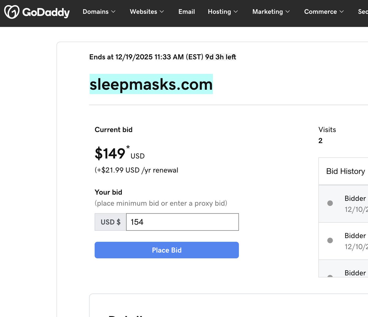 만료 예정 도메인 개발 기회 (즉, 만료 예정인 이 도메인을 구매하여 프로젝트를 구축하세요):
슬립마스크․com 💤
고급 수면 안대를 판매하는 부티크 전자상거래 쇼핑몰을 구축하세요. 처음에는 타사 제품을 판
