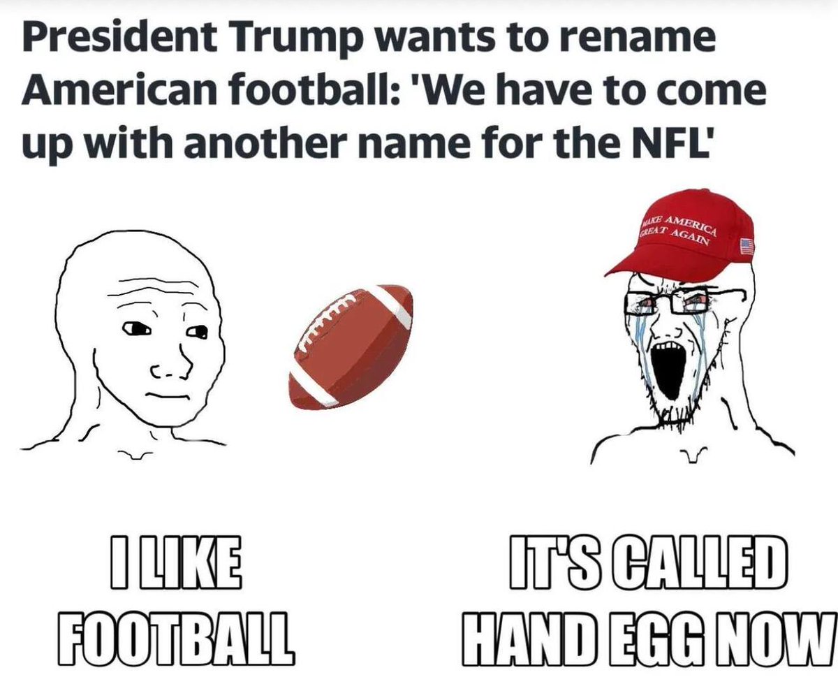 GodlessEngineer's tweet photo. Donald J. Trump wants to change the name of American Football to what exactly? 

Best name in the comments wins the internet 👇

#Trump #NFL #HandEgg #AmericanFootball #Football #Soccer #TrumpNews #Politics #PoliticalMeme #ProgressivePolitics #GOP #Republican #LeftistMemes #Pol… https://t.co/Fm2Lh3iRaK