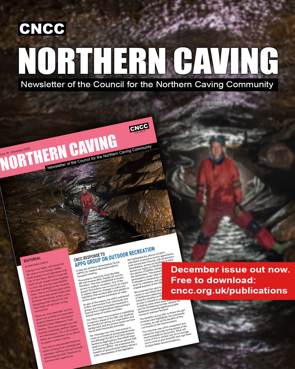 Northern Caving 18 - December 2025 - Out Now! 😍

We're pleased to announce publication of Northern Caving 18, our six-monthly newsletter, for December 2025.

Download: cncc.org.uk/publications

Wishing you all a very enjoyable Christmas, new year, and lots of great caving. 🎄