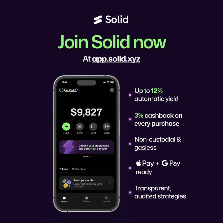 Just tried out a new neobank, it's <a href="/SolidYield/">Solid.xyz</a>.

Solid is a new neobank that allows you to spend your crypto anywhere in the world with their Visa card seamlessly via Apple Pay or Google Pay.

Moreover, it automatically earns up to 12% on your balance from blue-chip DeFi
