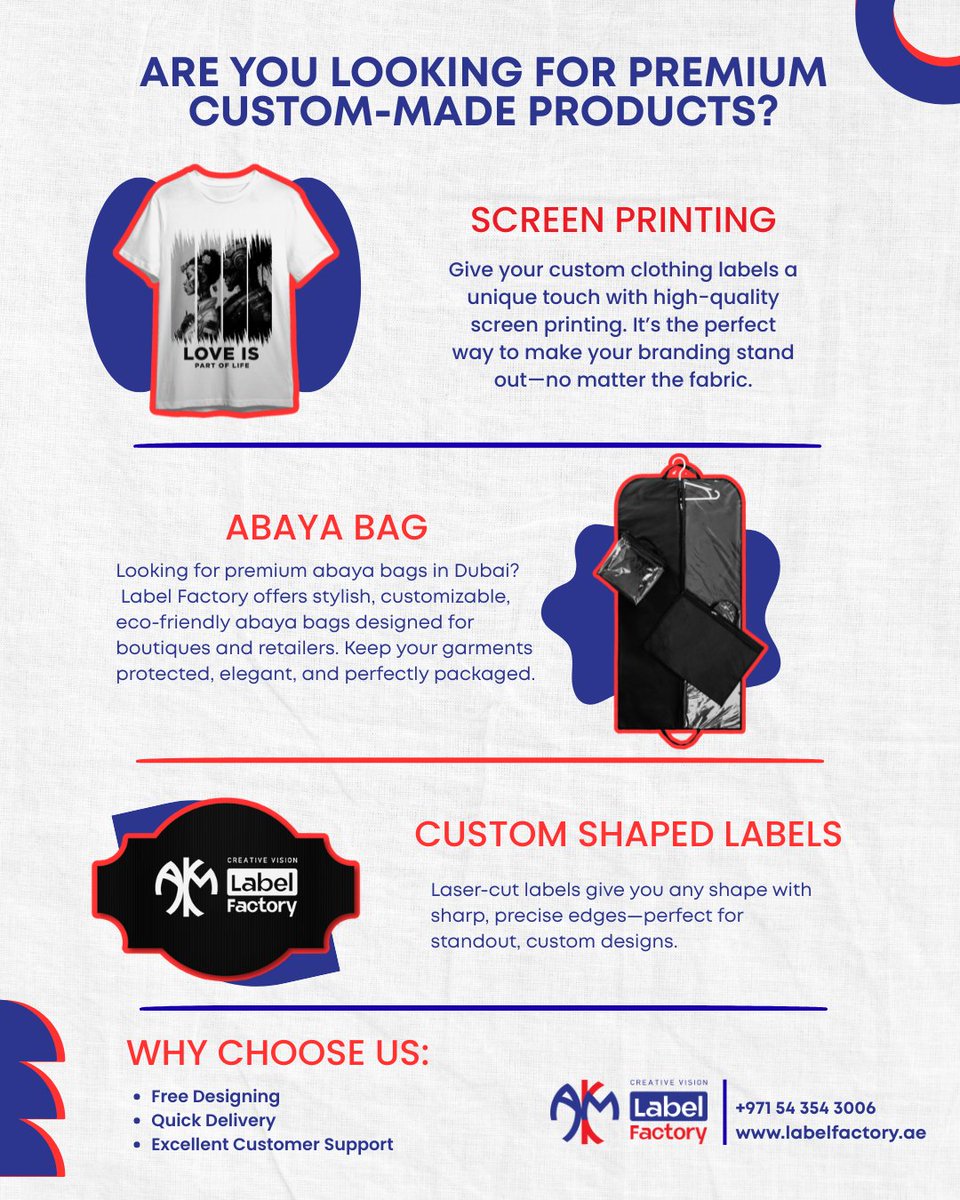 creativ43583649's tweet image. ✨ Looking for premium custom-made products?
From screen printing to abaya bags and custom-shaped labels — we bring your branding ideas to life with quality, precision, and style.
Create it. Customize it. Make it yours with Label Factory. 💙🔥
#LabelFactoryUAE #CustomMadeProducts