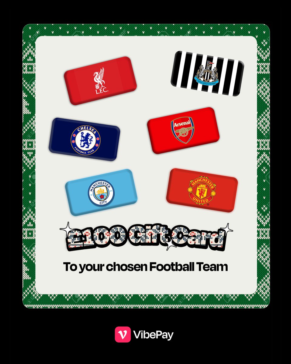 VibePay's tweet image. Football fans… this one’s for YOU ⚽🔥

We’re giving away a £100 gift card to the club shop of your choice 👀

Liverpool? Arsenal? City? United? Chelsea? Newcastle?

Pick your colours. Rep your team. Treat yourself. 🎁💚

To enter:
👉 Follow @VibePay
❤️ Like this post
💬 Comment…
