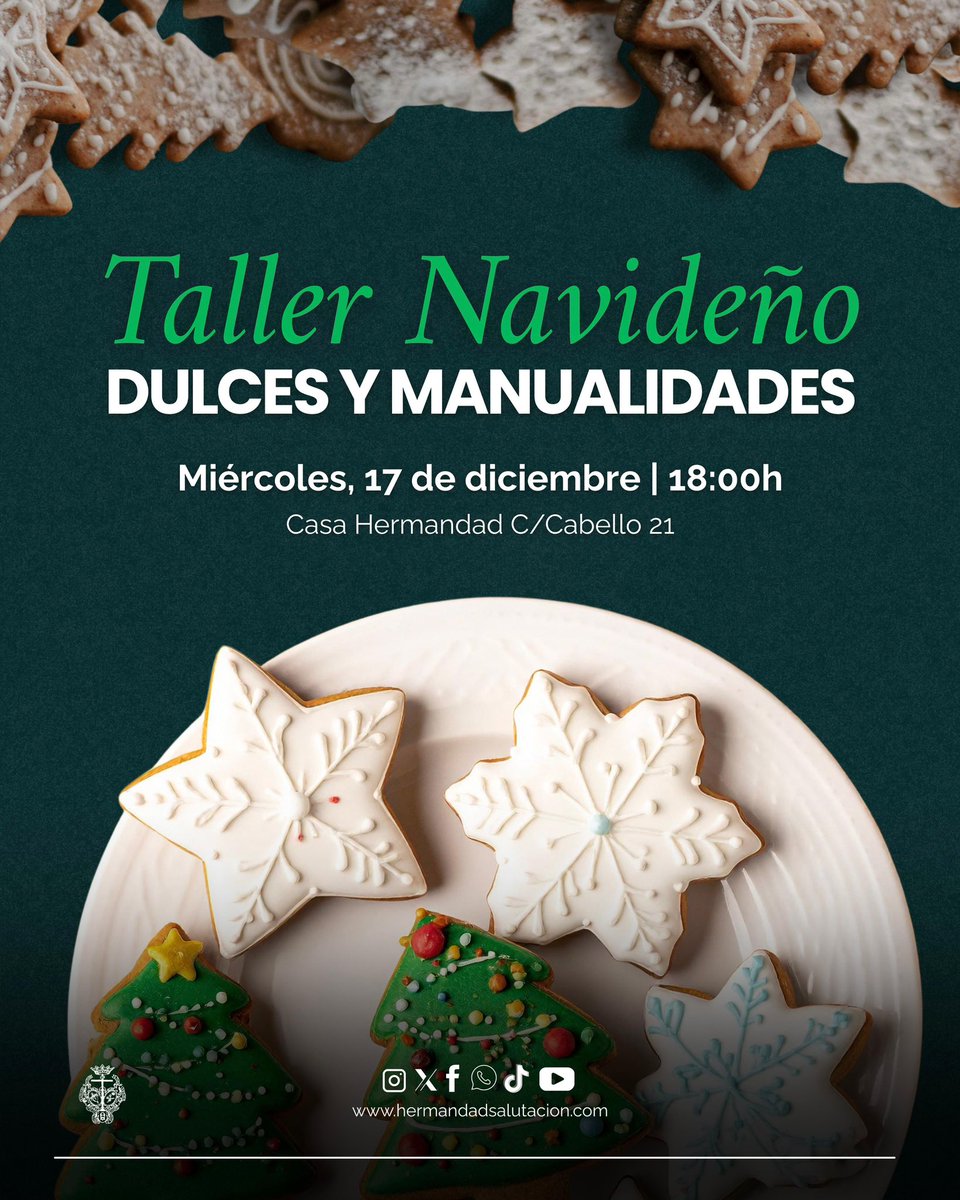 ✨🎄🍪🖍️ 𝐓𝐀𝐋𝐋𝐄𝐑 𝐍𝐀𝐕𝐈𝐃𝐄𝐍̃𝐎 𝐃𝐄 𝐃𝐔𝐋𝐂𝐄𝐒 𝐘 𝐌𝐀𝐍𝐔𝐀𝐋𝐈𝐃𝐀𝐃𝐄𝐒

Una tarde para compartir, crear y endulzarnos con el verdadero espíritu navideño. ¡Ideal para pequeños y mayores!  

No te lo pierdas… ¡te esperamos con ilusión!  

#SalutacionyPatrocinio