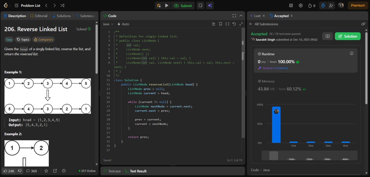 SaurabhSin8534's tweet image. 🎯DAY 96 of #100DaysOfCode 

&amp;gt;Solved  just 1 @LeetCode  easy problem of linked list
 
   ✨ Question :- Reverse the linked list
      💫 Solution:- Two point approach for reversing

💻 Yesterday I missed my streak ,bcz I did really bad in paper 😐.
#DSA #codingstruggle #leetcode