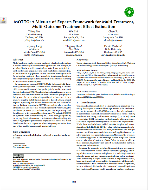 deeppdf_ai's tweet photo. Summary of 2025 #KDD Paper:
🔥 MOTTO: A MoE framework for multi-treatment, multi-outcome causal inference! 🚀 Crushes confounding, handles complex interactions - boosts ad performance &amp; user engagement in large-scale real-world use.
Details👉https://t.co/Pr6zYfITwG
#AI https://t.co/bg89HeAjf2