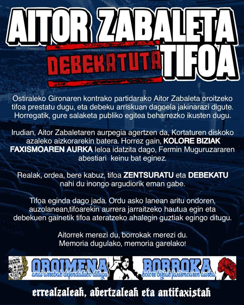 Oharra:

Ostiraleko Aitor Zabaletaren tifoa zentsura eta debeku mehatxupean.