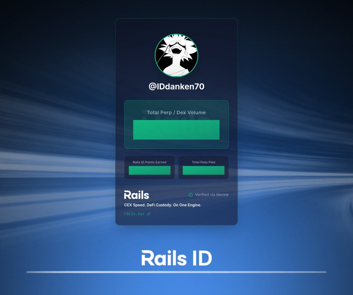 IDdanken70's tweet photo. Turned my trade history into a Rails ID: $0 volume, $0 fees, all in one card.

Next I’m hitting Rails Play, the perps training ground by @rails_xyz, to earn a shot at real trading capital.

Climb the leaderboard with me: https://t.co/9kUFTXmzEq https://t.co/9U76LdJfCz