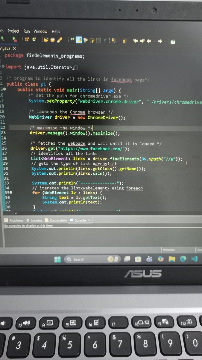 Abhi936089511's tweet image. Day 90 of my Continuous Learning 🚀
Identifying Facebook links from a list using Iterator, ListIterator, and forEach.
Exploring different ways of traversing collections in Java and improving my automation skills! 💻✨
#Java #Selenium #AutomationTesting #100DaysOfCode