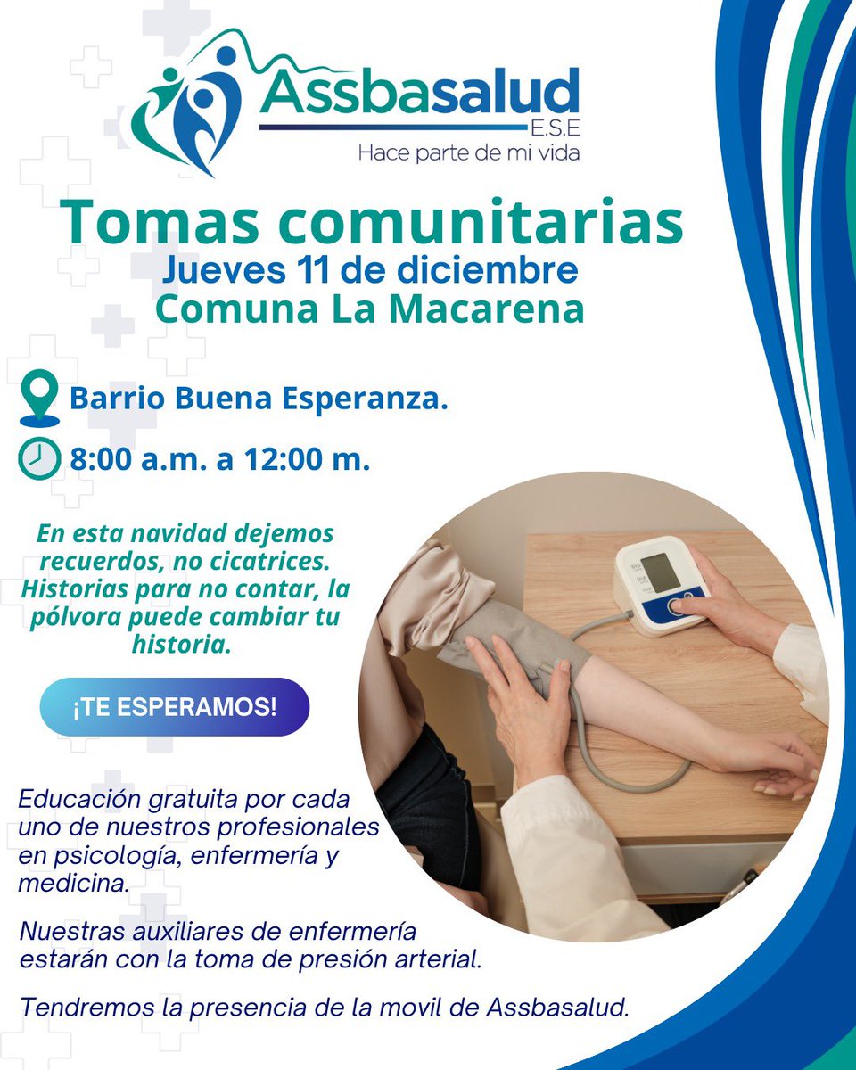 Cuidar tu salud también es un acto de amor.

Este jueves 11 de diciembre te esperamos en el Barrio Buena Esperanza – Comuna La Macarena, para nuestra toma comunitaria.

De 8:00 a.m. a 12:00 m.
Atención y educación gratuita con profesionales en psicología, enfermería y medicina.