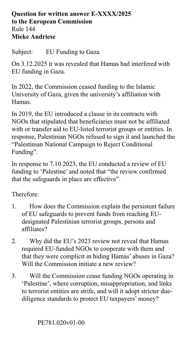 Onlangs werd bekend dat de EU nog steeds terreurorganisaties subsidieerde - indirect - maar onwenselijk natuurlijk.

Daarom stelde ik samen met Mieke Andriese vragen om alle EU-financiering richting Palestijnse organisaties direct te stoppen.

Geen geld naar die baby moordenaars.