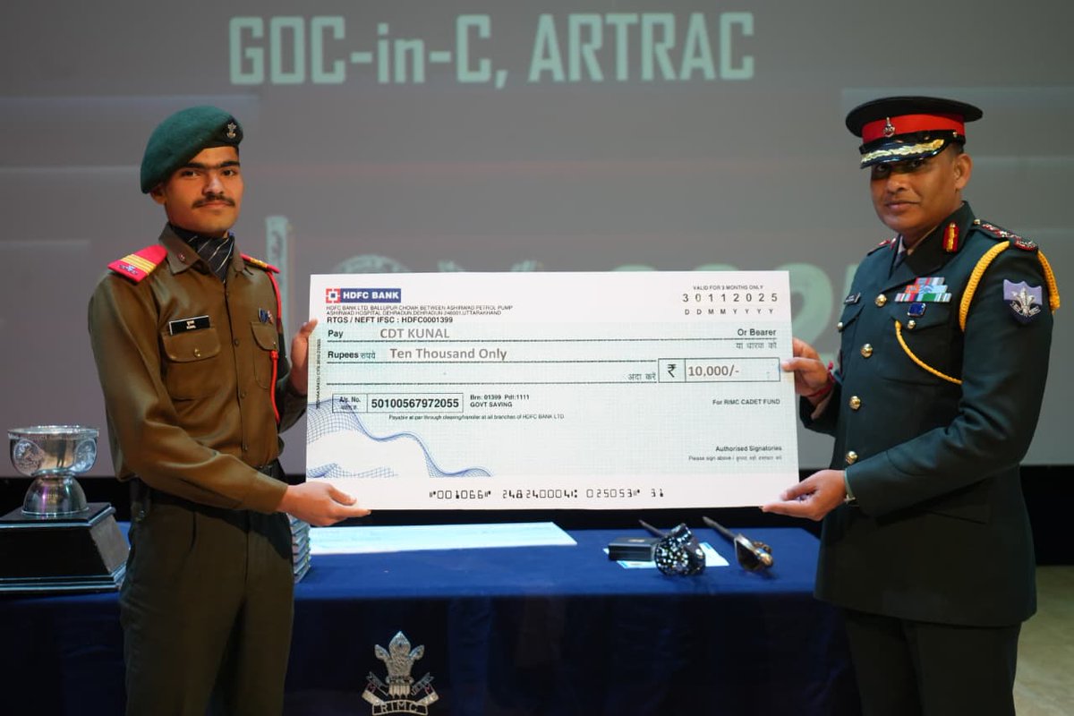 artrac_ia's tweet photo. "RIMC Dehradun"

In an exceptional display of results, RIMC cadets took the top AIR of NDA Entrance exams 2025. Five cadets were placed in the top 10 ranks and 17 more were closely following up. 

Lt Gen Devendra Sharma, PVSM, AVSM, SM , GOC-in-C ARTRAC acknowledged and felicitated their achievements and hard work, conveyed on his behalf by Comdt RIMC.

Instagram- https://t.co/JipAnTLLjs

Facebook- https://t.co/5kkSqZRa29

#RIMC
#ARTRAC
#IndianArmy
@adgpi