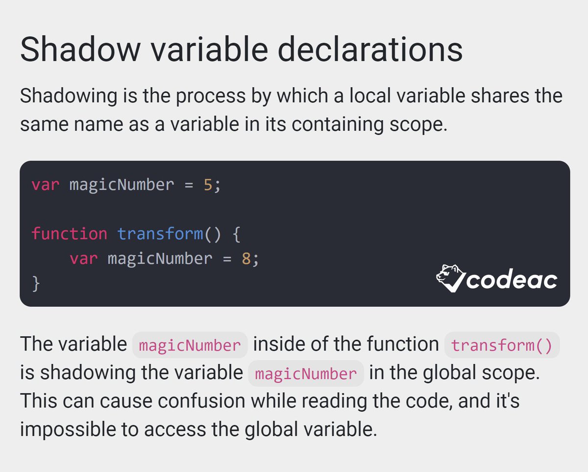 's tweet image. Shadow variables happen when a local variable uses the same name as one in an outer scope. 

It works, but it can hide the original value and make the code harder to understand. 

Clear naming helps keep your code predictable and maintainable.

#TechnicalDebt #SoftwareDevelopment