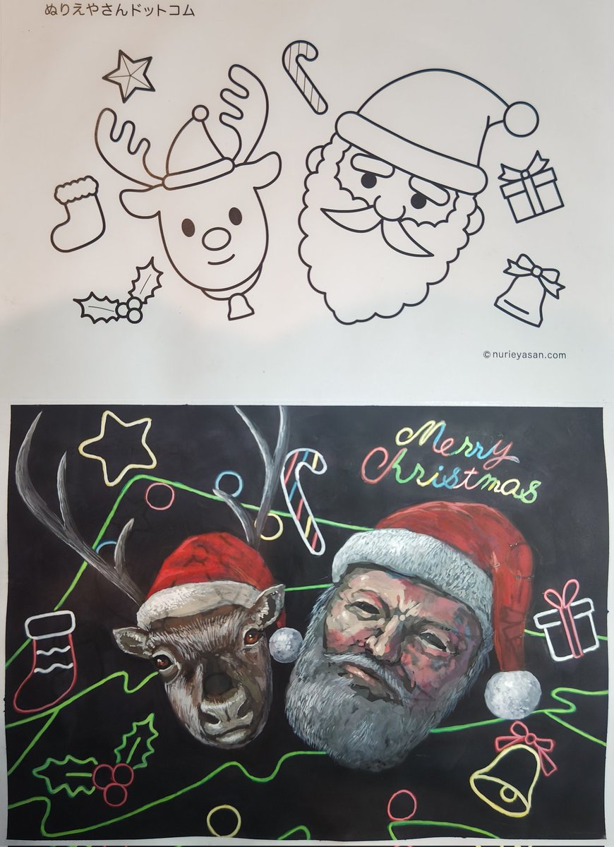 暖炉の前で寛ぎながらクッキーとお茶を飲むサンタクロース ぬりえ, image size:870x1200