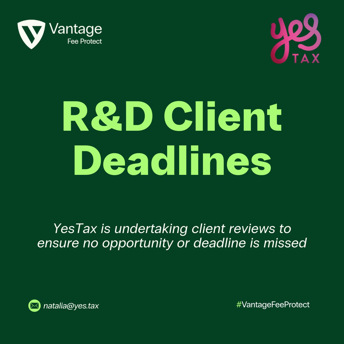🚨 R&amp;D Tax Alert: HMRC Deadlines Matter! 🚨

📅 YE 31 Dec 2023 → Claim by 31 Dec 2025 (no notice)
📅 YE 31 May 2025 → Pre-notify HMRC within 6 months or lose eligibility!

✅ YesTax reviewing clients to avoid missed claims.
🔗 vantagefeeprotect.com/claiming-rd-ta…

#VanatgeFeeProtect #RDTax